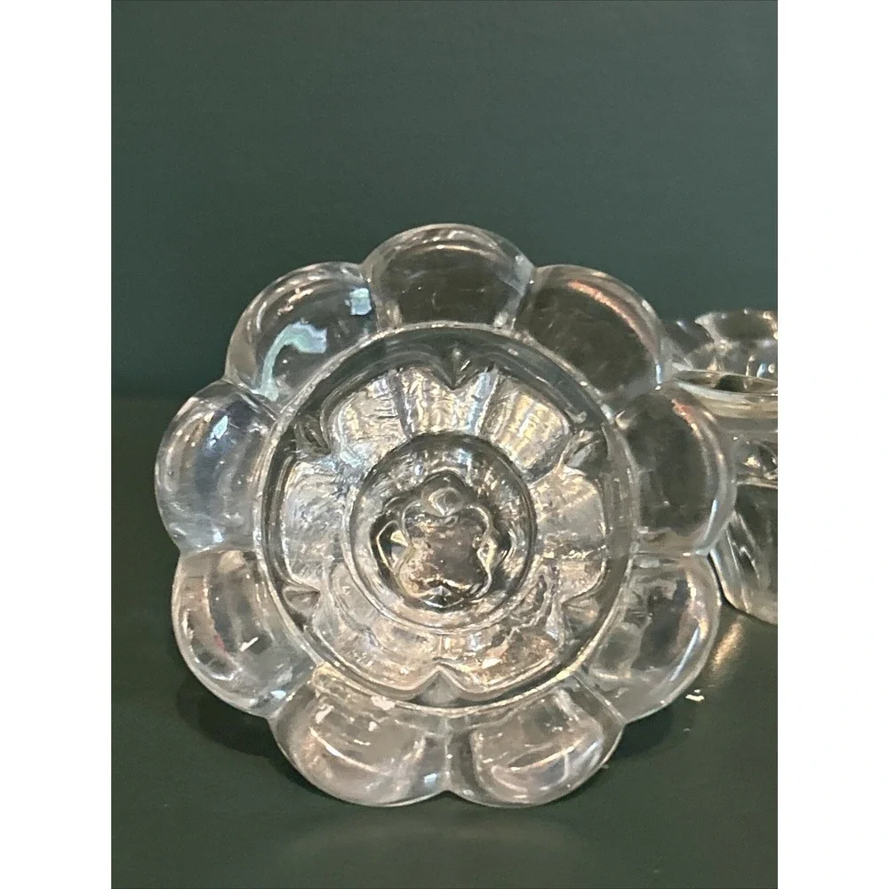 Vintage Pair of Clear Glass Floral Rosette Candleblock Candle‎ Holders Set Decor